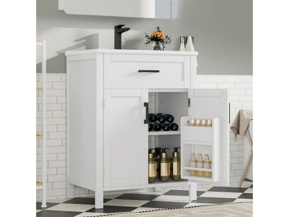 Meuble de salle de bains au sol 60x46x84,8 cm avec lavabo et plan de toilette entièrement laquée à deux portes blanc