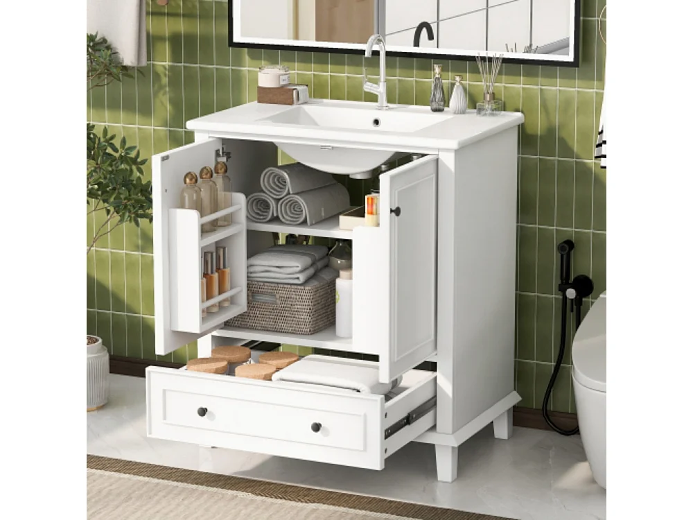 Meuble de salle de bains au sol 76x46x87cm avec lavabo céramique intégré et plan de toilette entièrement laquée blanc