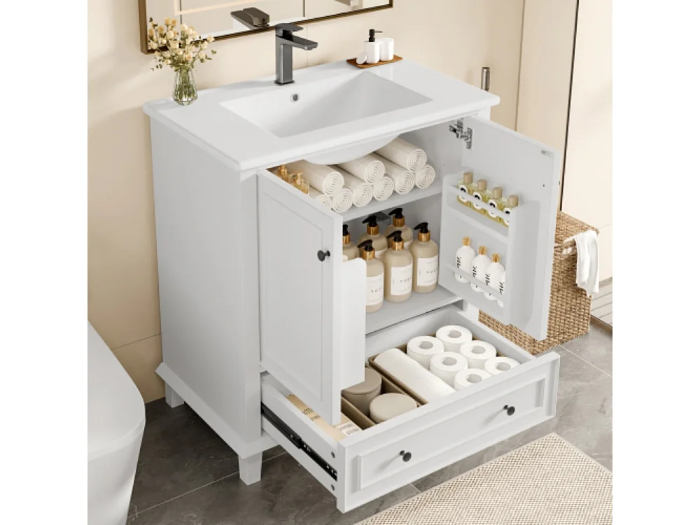 Meuble de salle de bains au sol 76x46x87cm avec lavabo céramique intégré et plan de toilette entièrement laquée blanc