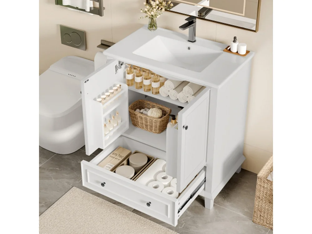 Meuble de salle de bains au sol 76x46x87cm avec lavabo céramique intégré et plan de toilette entièrement laquée blanc