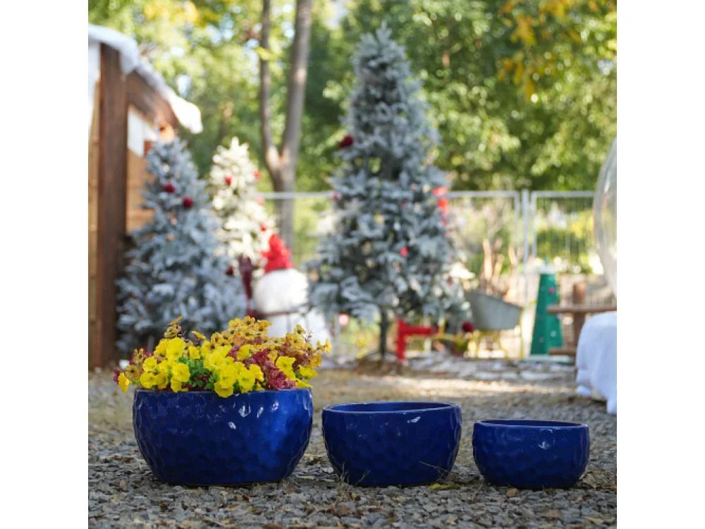 Ensemble de 3 pots de fleur plantation en céramique faits main bleu