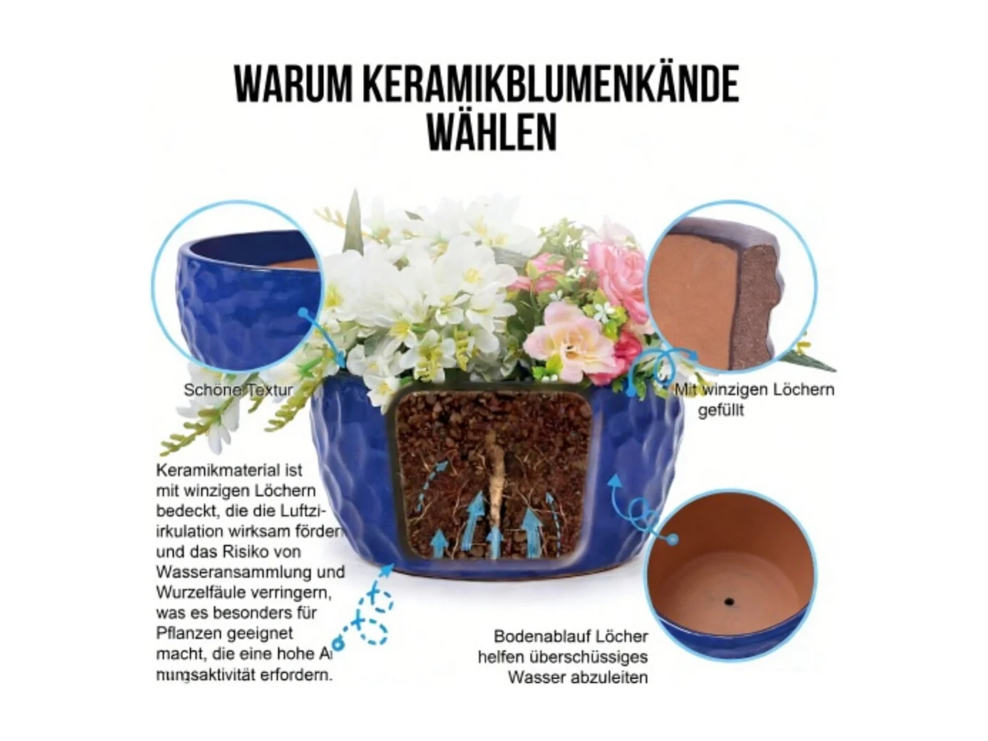 Ensemble de 3 pots de fleur plantation en céramique faits main bleu