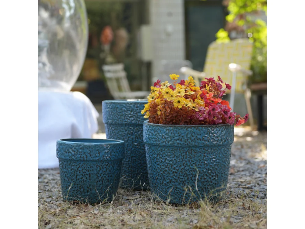 Ensemble de 3 pots de fleur plantation en céramique faits main bleu nature