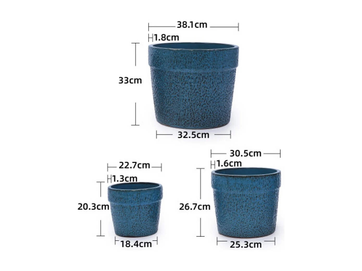 Ensemble de 3 pots de fleur plantation en céramique faits main bleu nature