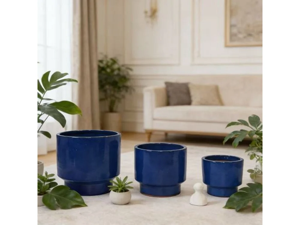 Ensemble de 3 pots de fleur plantation en céramique faits main Bleu saphir