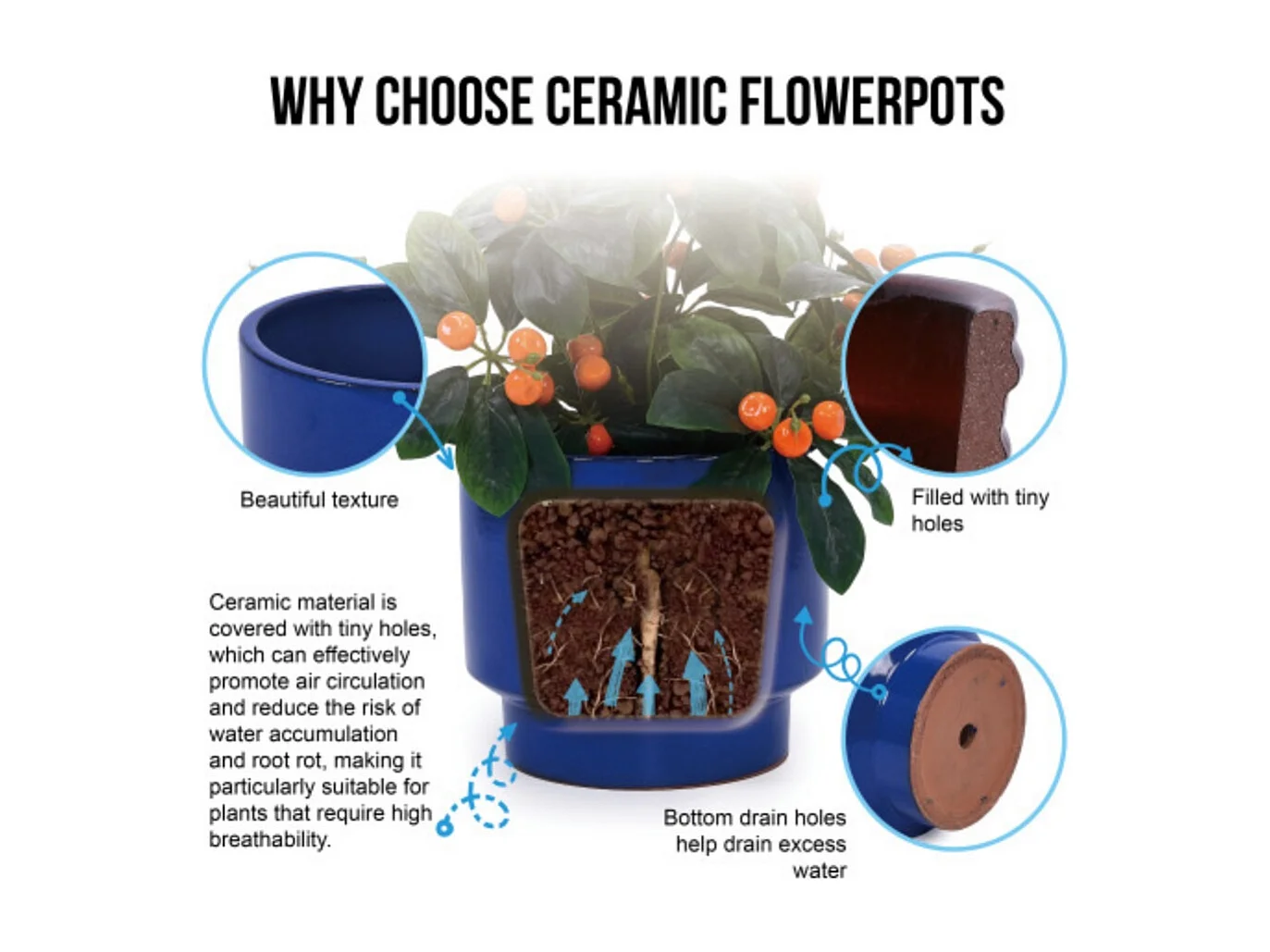Ensemble de 3 pots de fleur plantation en céramique faits main Bleu saphir