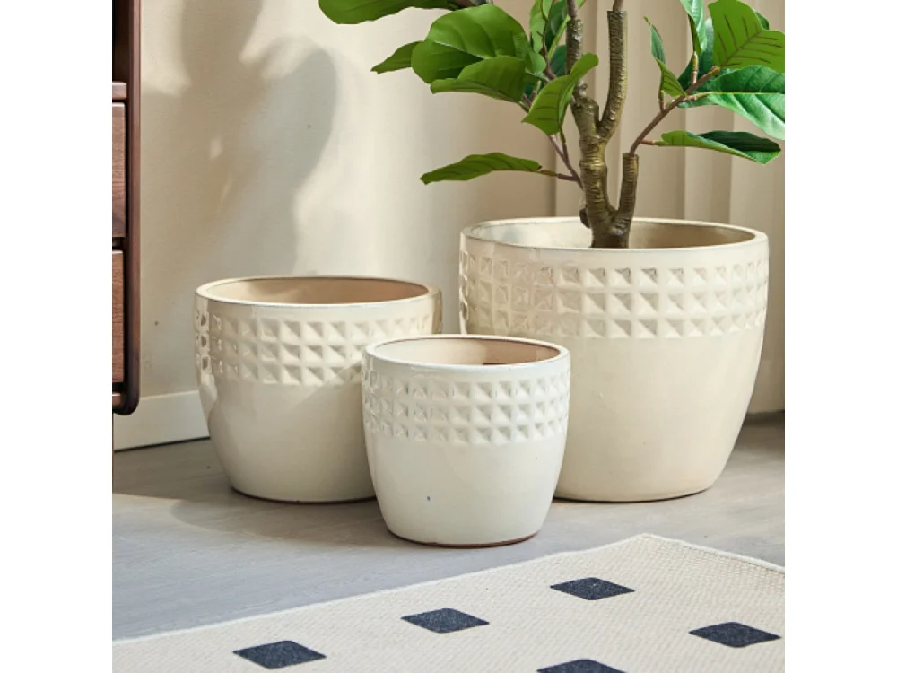 Ensemble de 3 pots de fleur plantation en céramique faits main beige