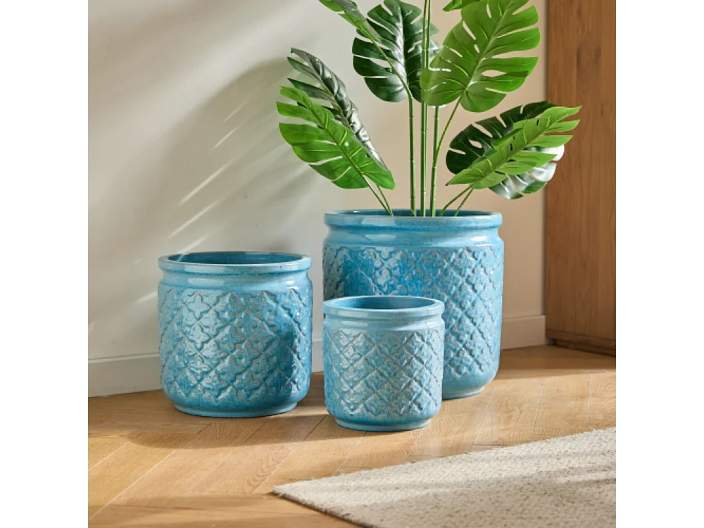 Ensemble de 3 pots de fleur plantation en céramique bleu ciel