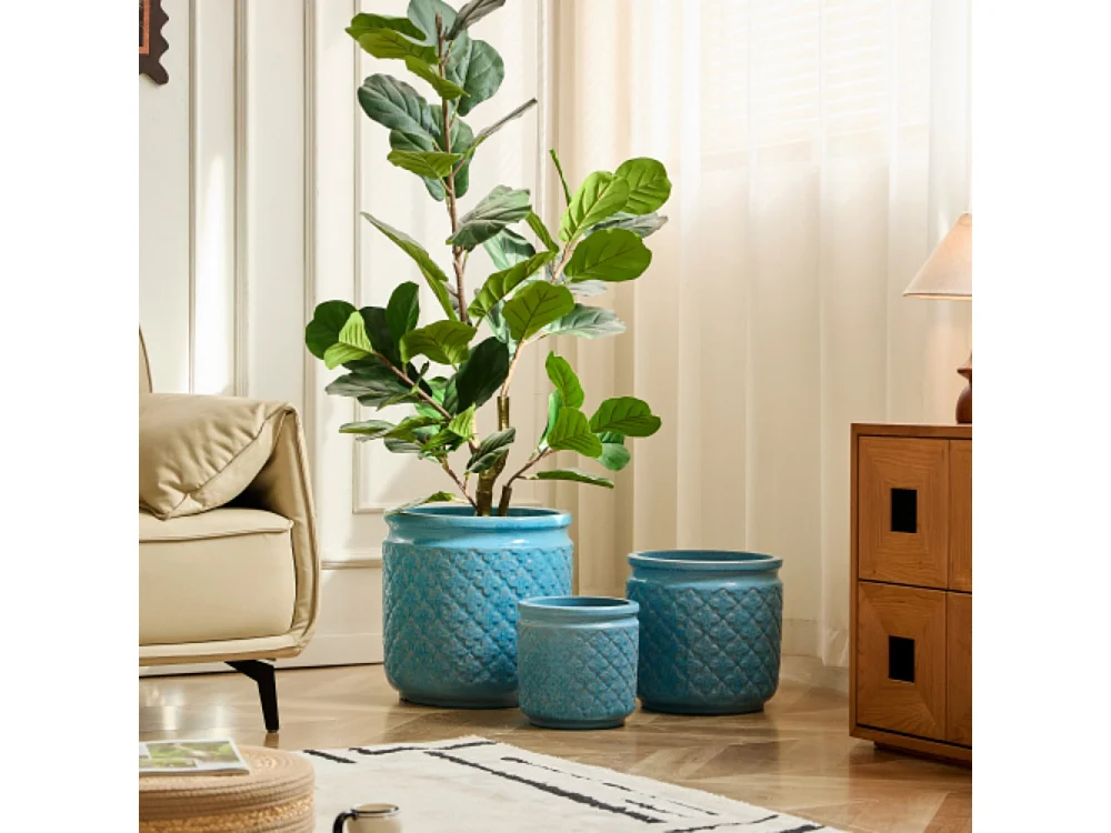 Ensemble de 3 pots de fleur plantation en céramique bleu ciel