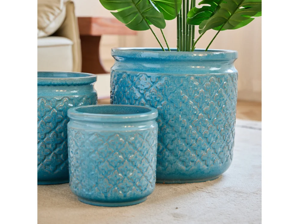 Ensemble de 3 pots de fleur plantation en céramique bleu ciel