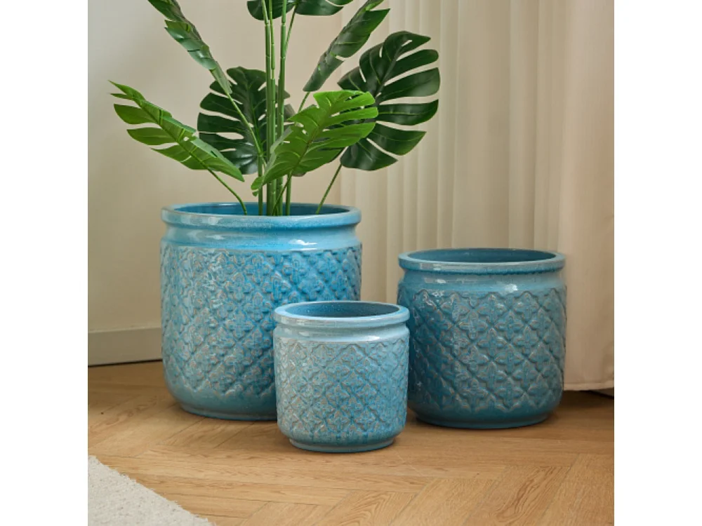 Ensemble de 3 pots de fleur plantation en céramique bleu ciel