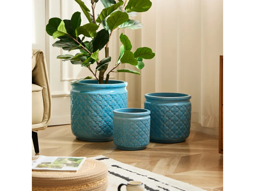 Ensemble de 3 pots de fleur plantation en céramique bleu ciel