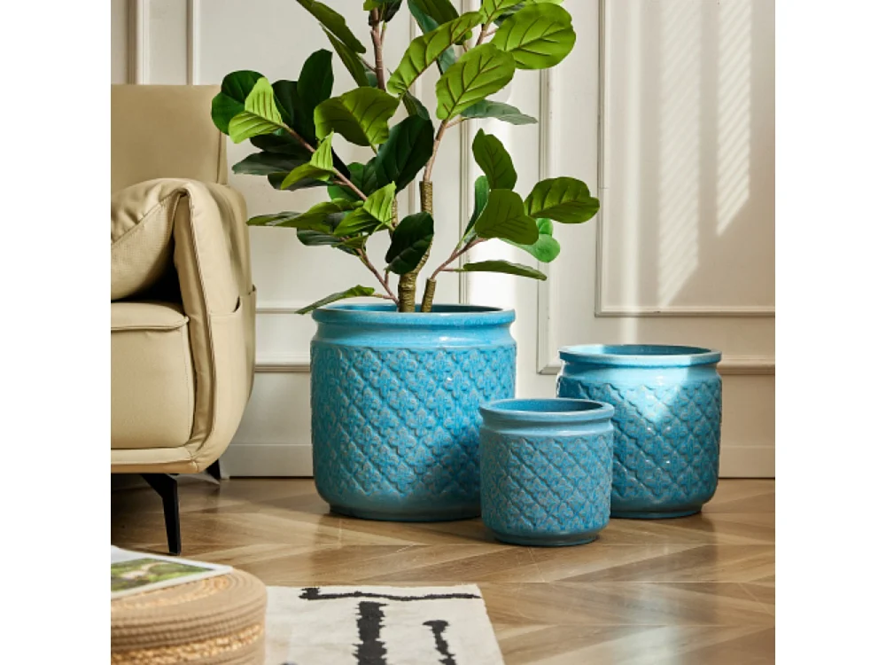 Ensemble de 3 pots de fleur plantation en céramique bleu ciel