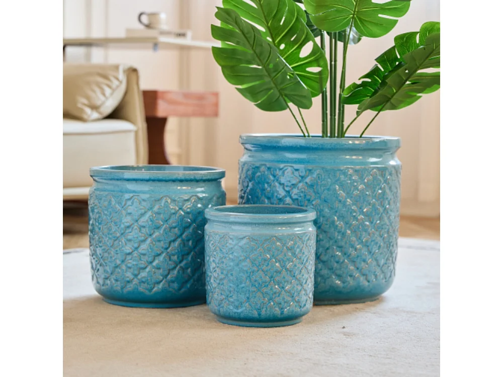 Ensemble de 3 pots de fleur plantation en céramique bleu ciel