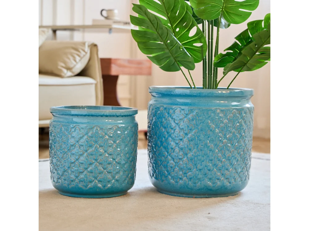 Ensemble de 3 pots de fleur plantation en céramique bleu ciel