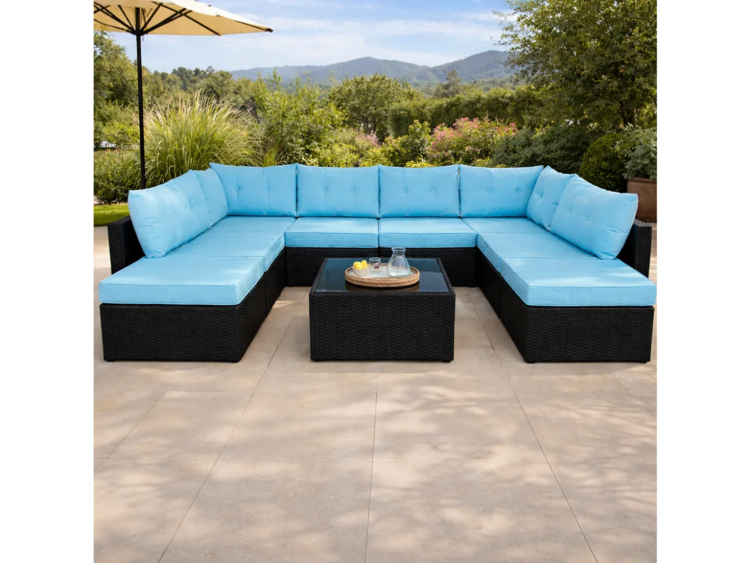 Salon de jardin 8 places en résine tressée noir et bleu YANUCA