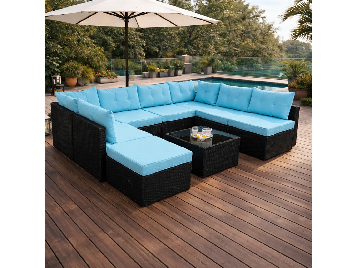 Salon de jardin 8 places en résine tressée noir et bleu YANUCA