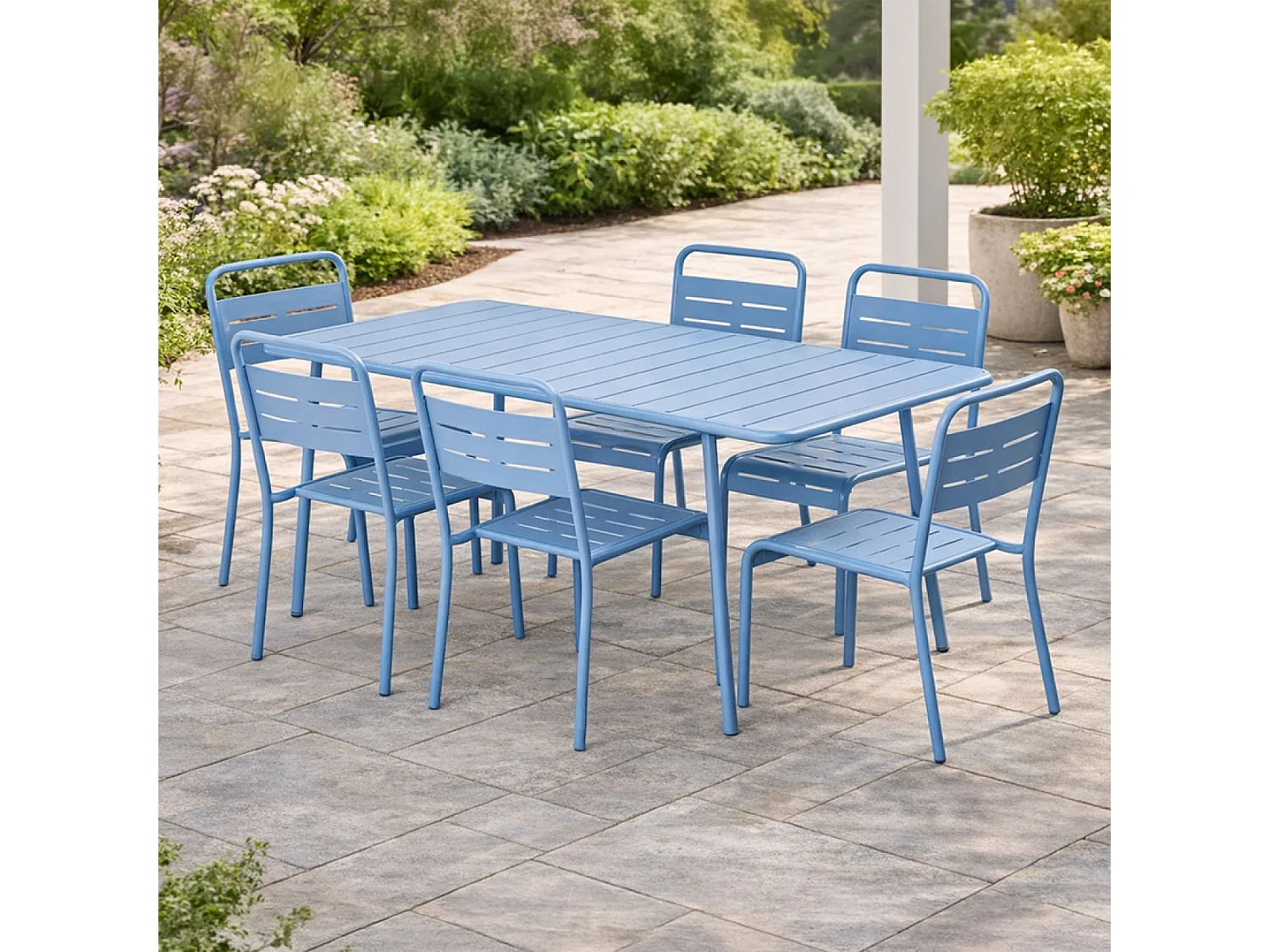 Ensemble table de jardin 160 cm et 6 chaises bleu BERGAME