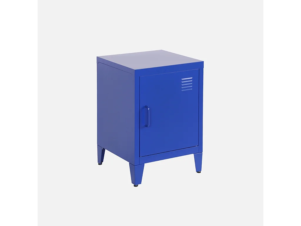 Table de chevet en acier bleu. 1 porte. casier. chambre enfant