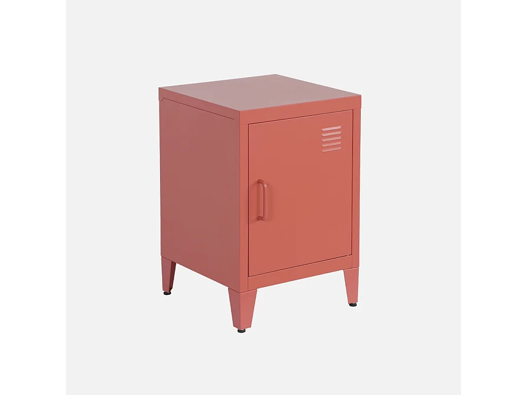 Table de chevet en acier terracotta. 1 porte. casier. chambre enfant