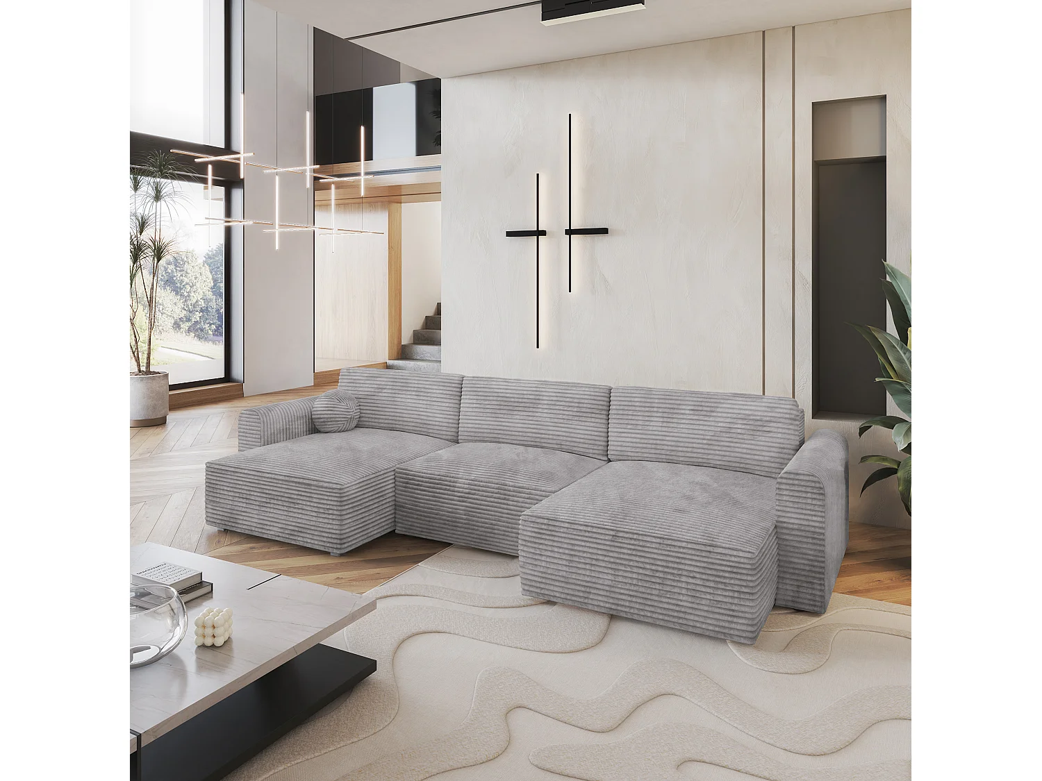 Canapé d'angle FENTO Gris clair en velours côtelé avec fonction de couchage