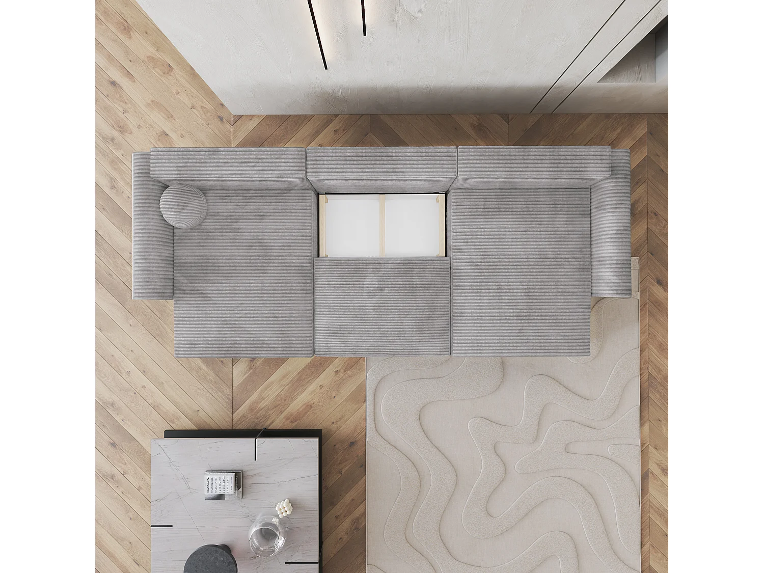 Canapé d'angle FENTO Gris clair en velours côtelé avec fonction de couchage