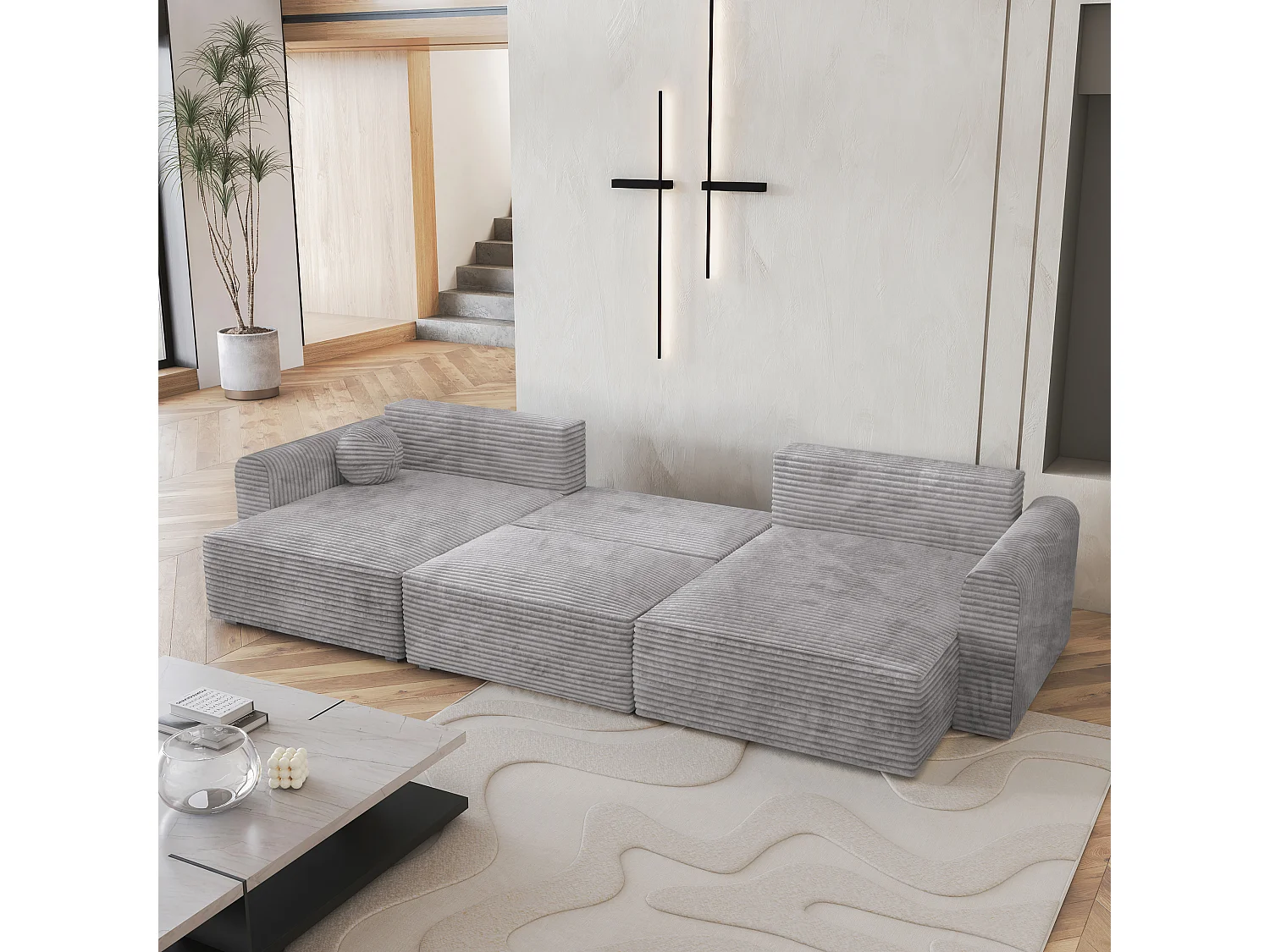 Canapé d'angle FENTO Gris clair en velours côtelé avec fonction de couchage