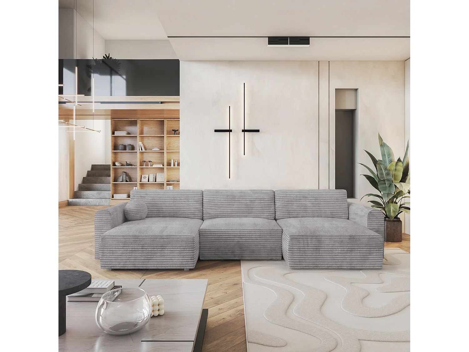 Canapé d'angle FENTO Gris clair en velours côtelé avec fonction de couchage