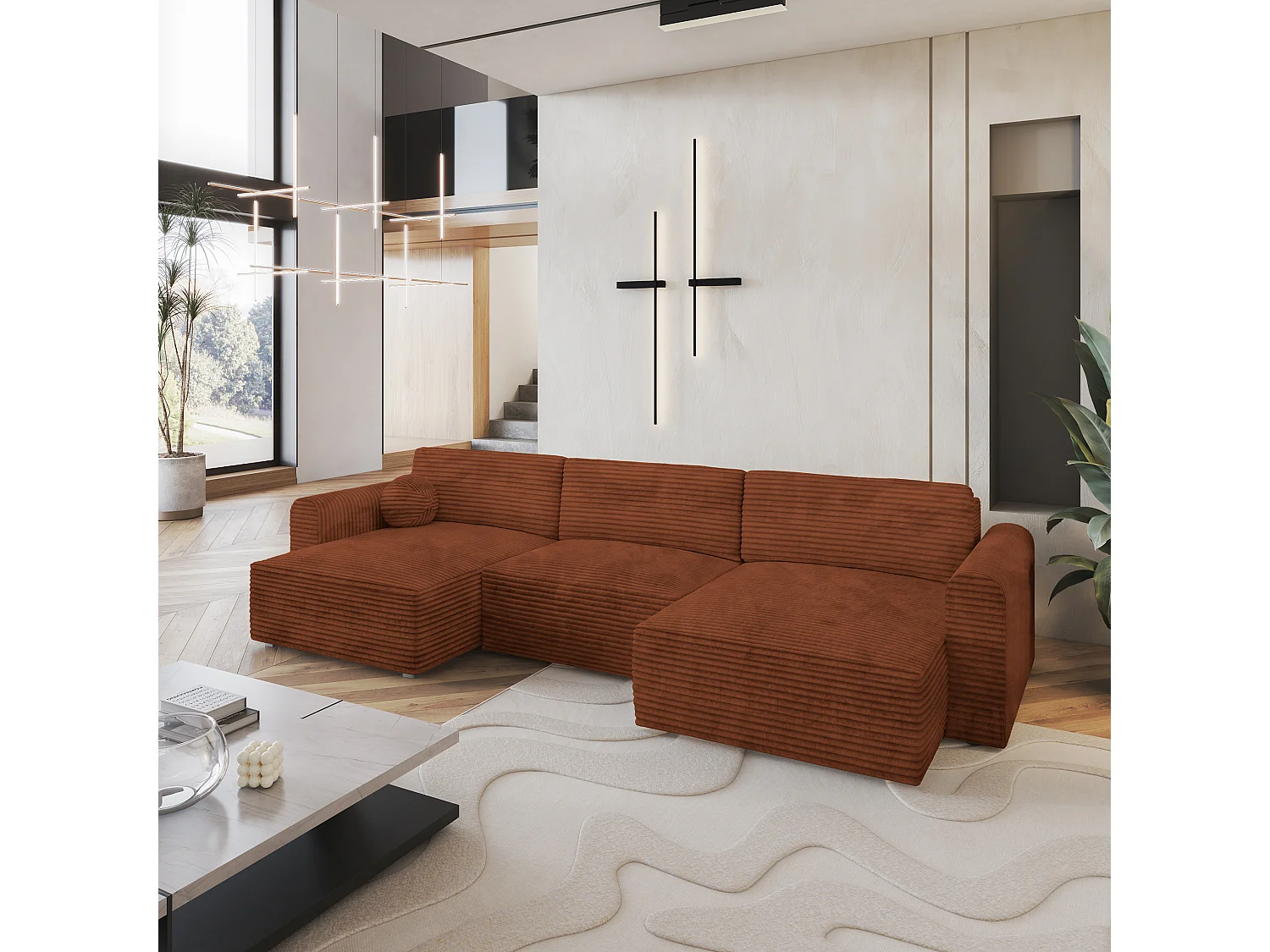 Canapé d'angle FENTO Marron en velours côtelé avec fonction de couchage