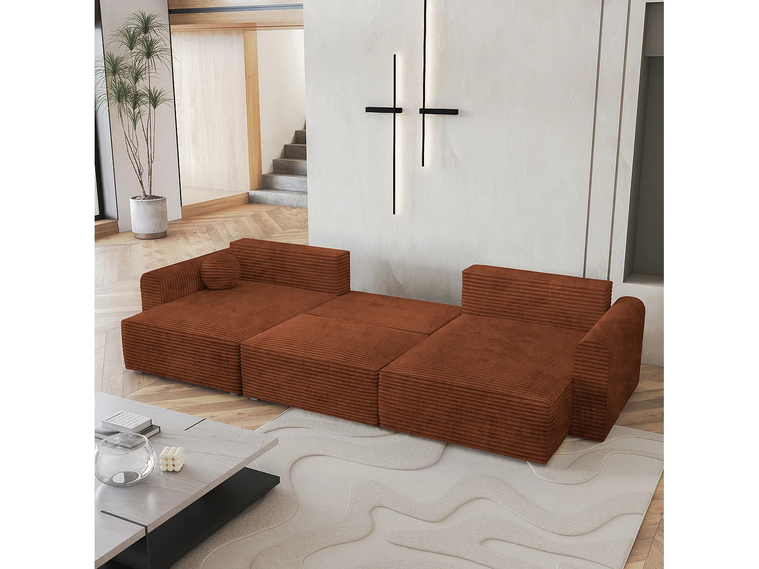 Canapé d'angle FENTO Marron en velours côtelé avec fonction de couchage
