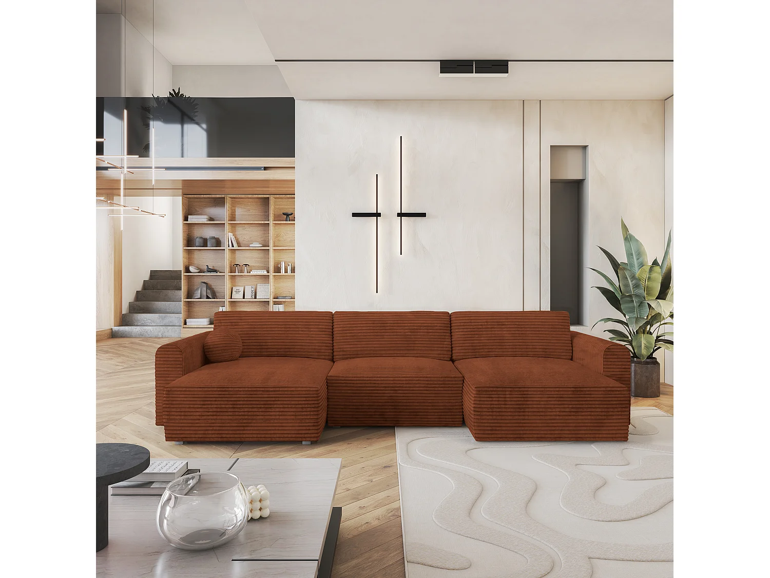 Canapé d'angle FENTO Marron en velours côtelé avec fonction de couchage