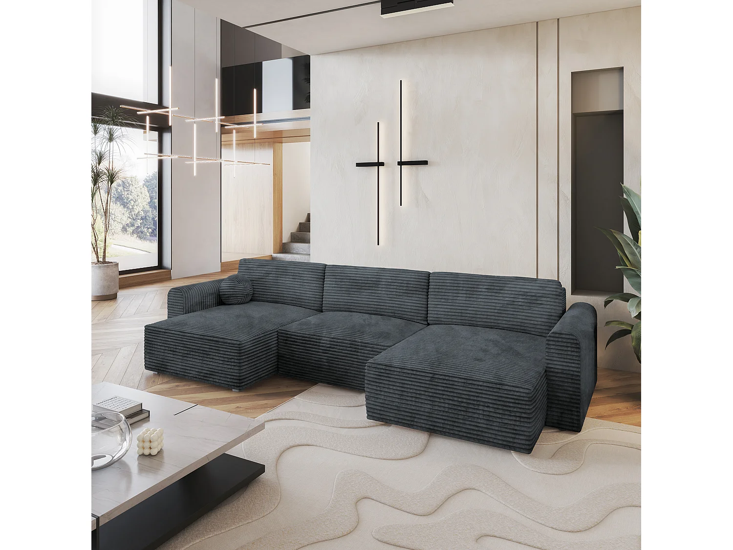 Canapé d'angle FENTO Gris en velours côtelé avec fonction de couchage