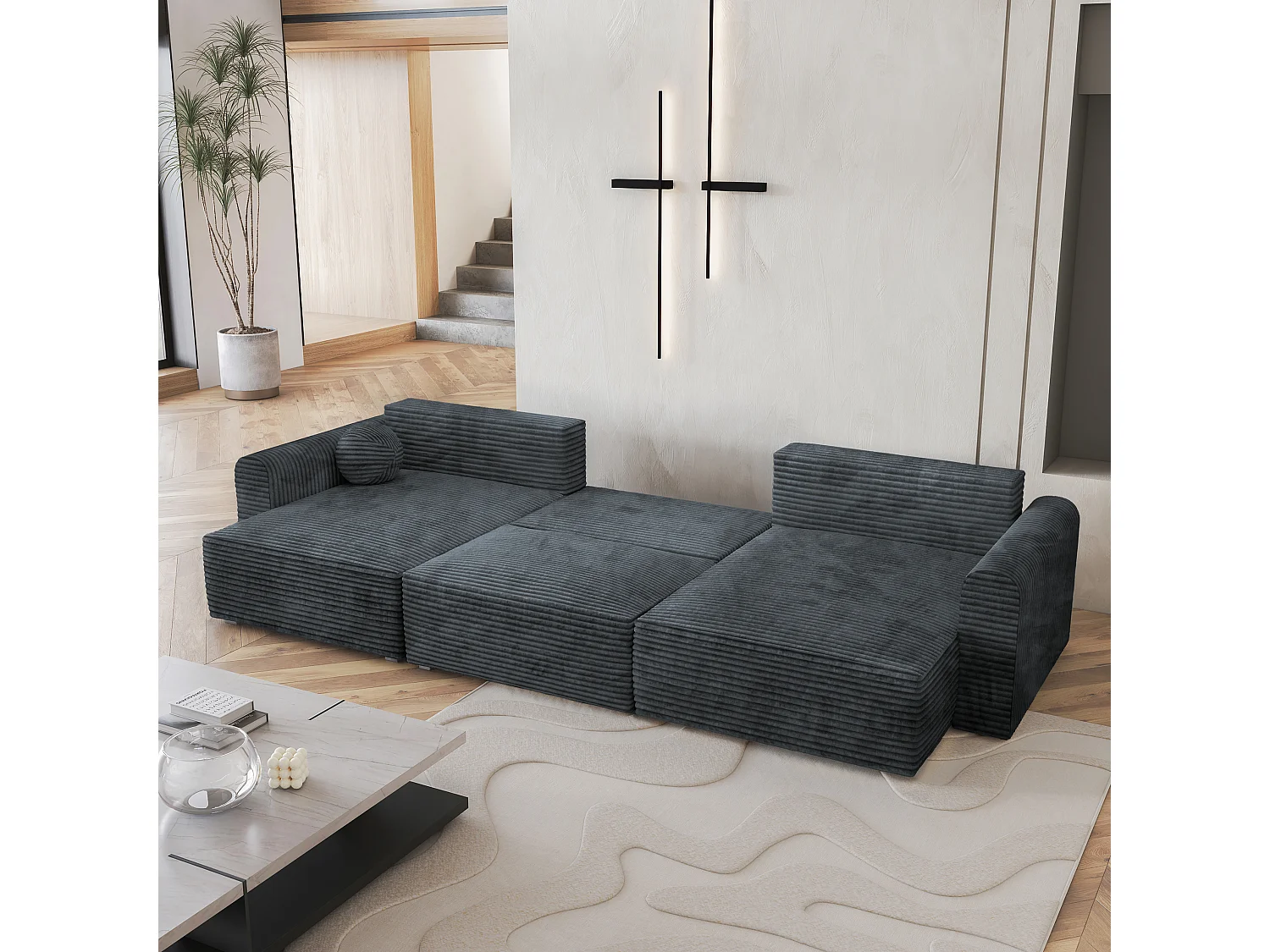 Canapé d'angle FENTO Gris en velours côtelé avec fonction de couchage