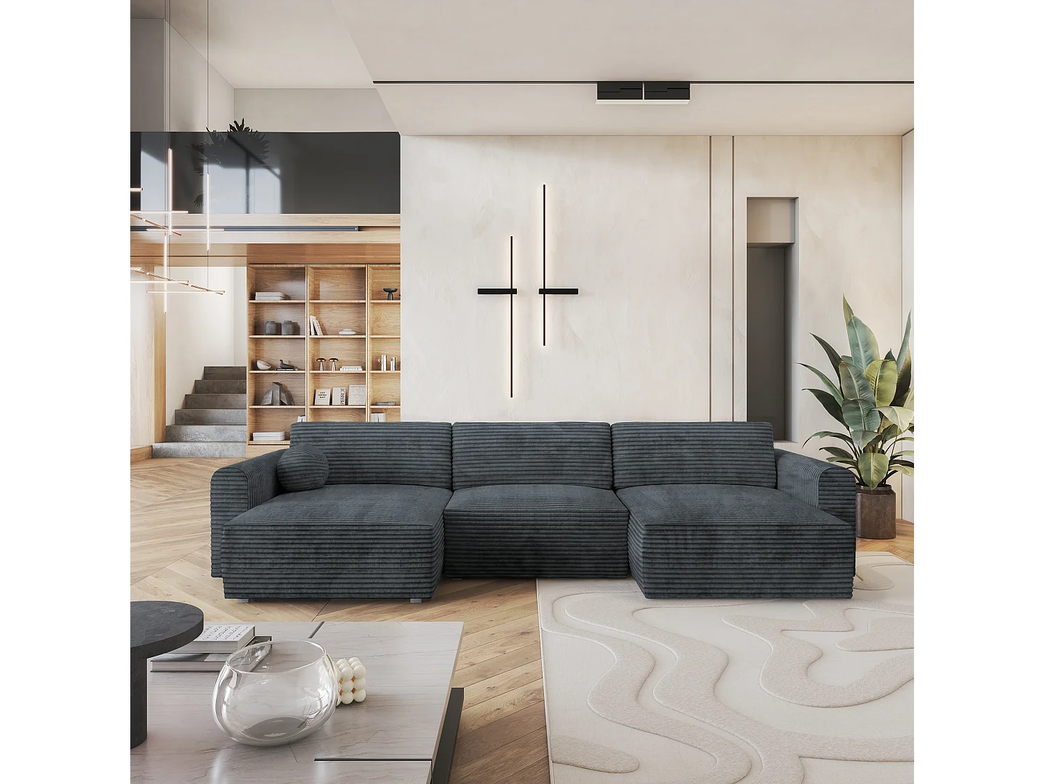 Canapé d'angle FENTO Gris en velours côtelé avec fonction de couchage