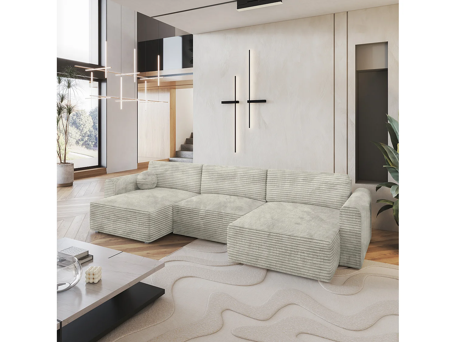 Canapé d'angle FENTO Gris clair en velours côtelé avec fonction de couchage