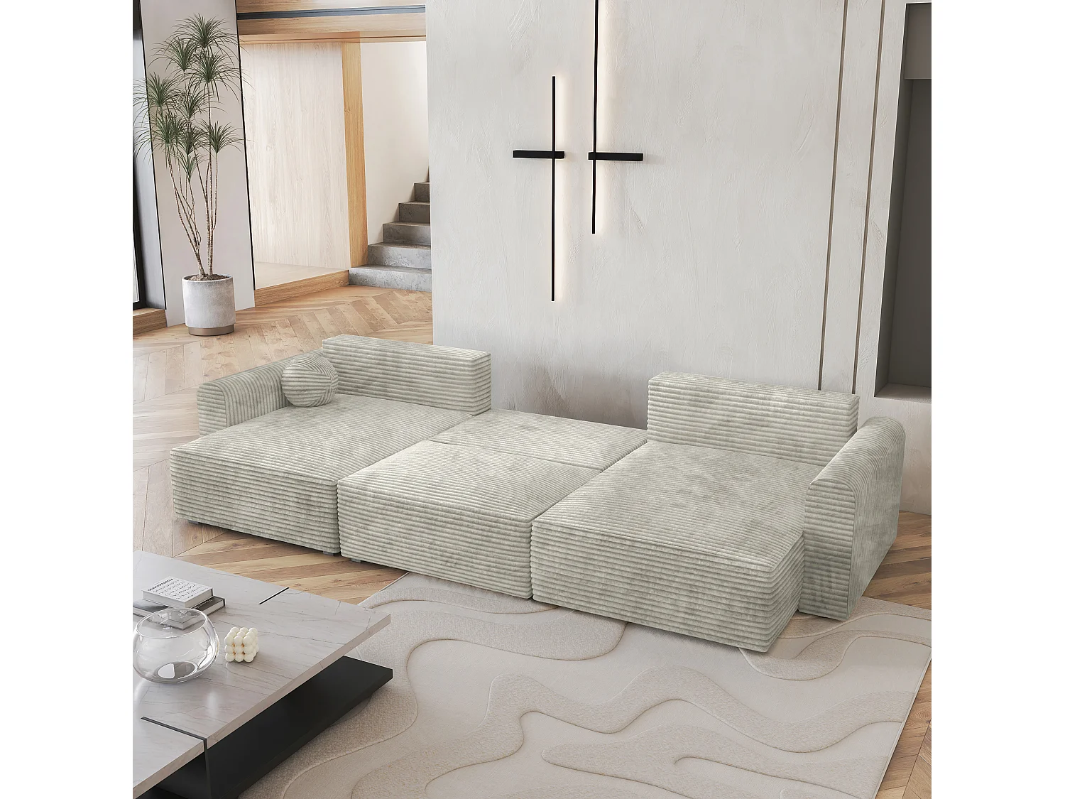 Canapé d'angle FENTO Gris clair en velours côtelé avec fonction de couchage