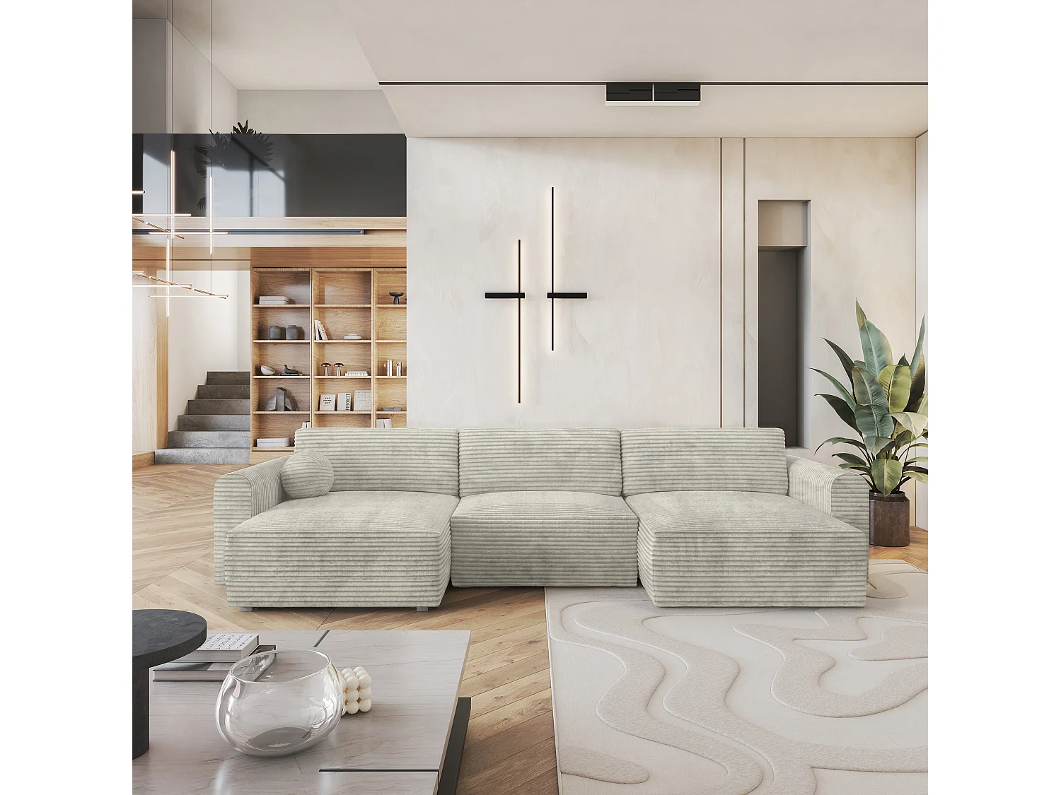 Canapé d'angle FENTO Gris clair en velours côtelé avec fonction de couchage