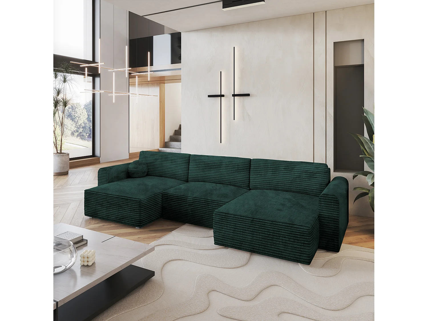 Canapé d'angle FENTO Vert Sapin en velours côtelé avec fonction de couchage