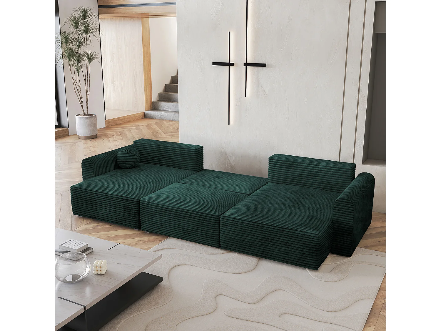 Canapé d'angle FENTO Vert Sapin en velours côtelé avec fonction de couchage