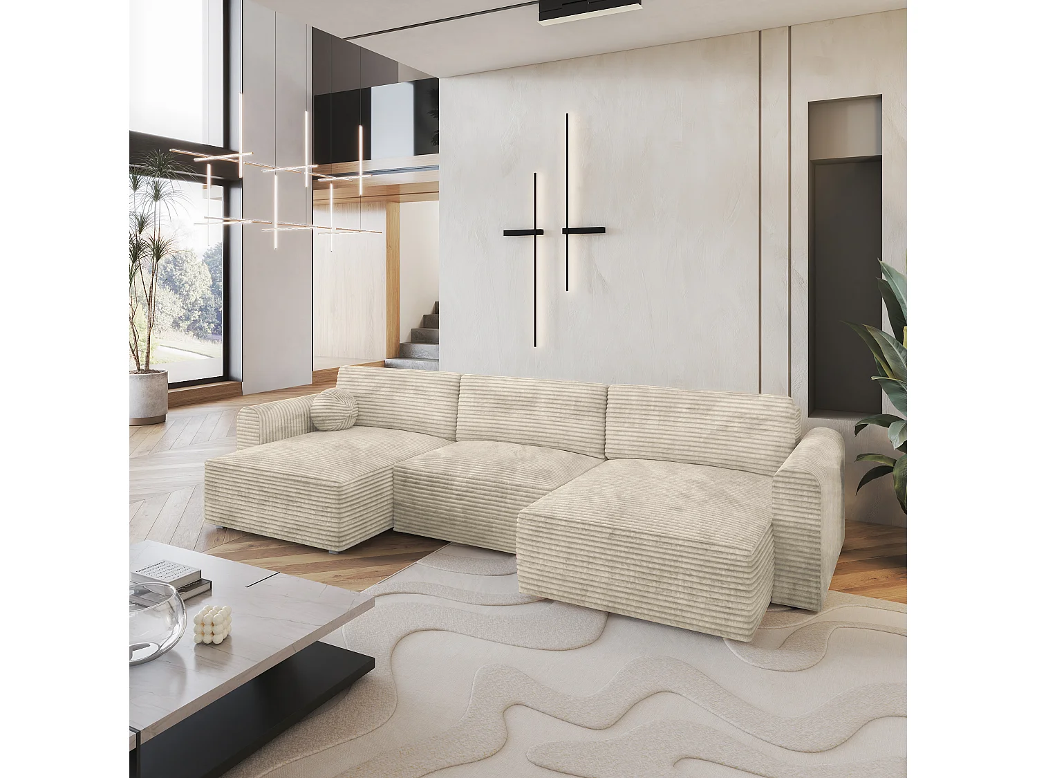 Canapé d'angle FENTO Crème en velours côtelé avec fonction de couchage