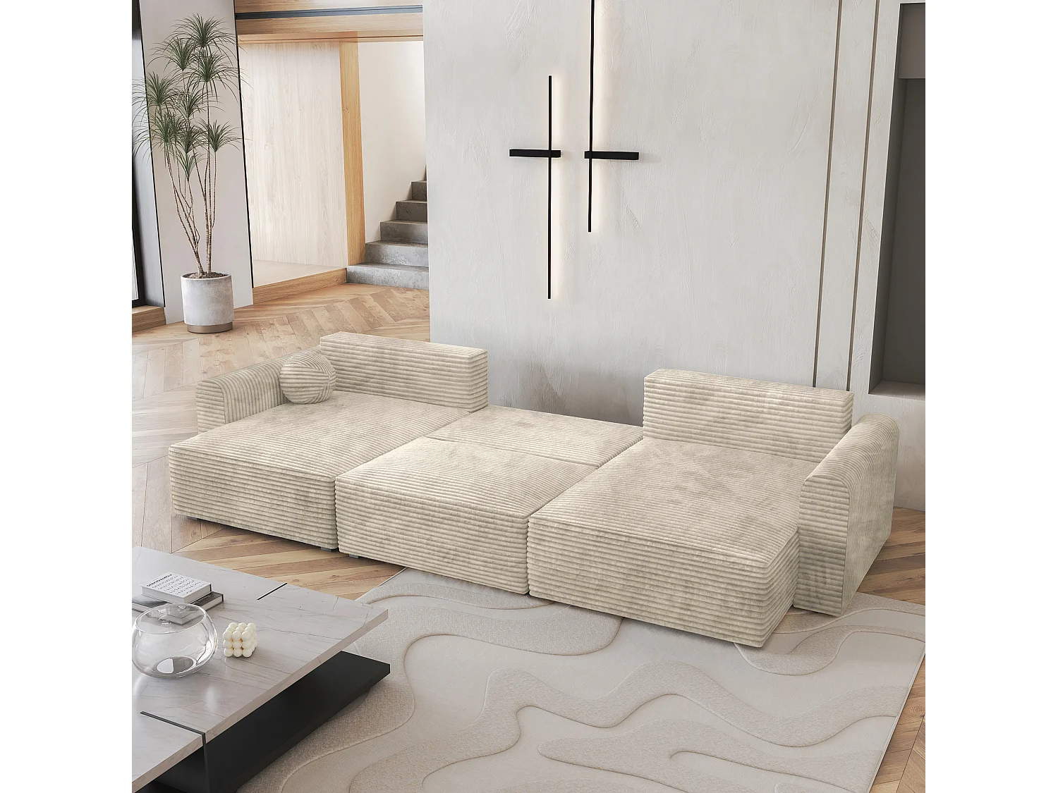 Canapé d'angle FENTO Crème en velours côtelé avec fonction de couchage