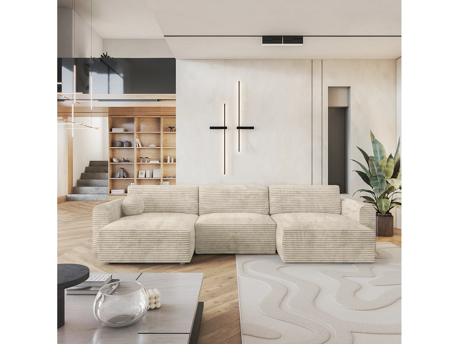 Canapé d'angle FENTO Crème en velours côtelé avec fonction de couchage
