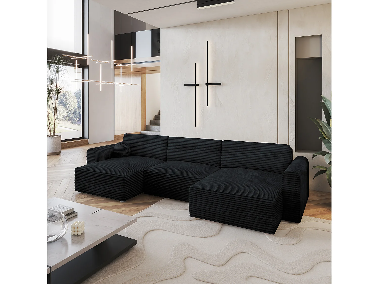 Canapé d'angle FENTO Noir en velours côtelé avec fonction de couchage