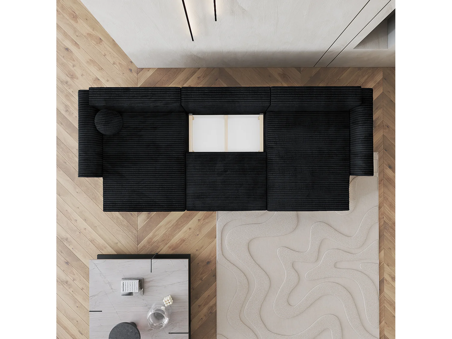 Canapé d'angle FENTO Noir en velours côtelé avec fonction de couchage