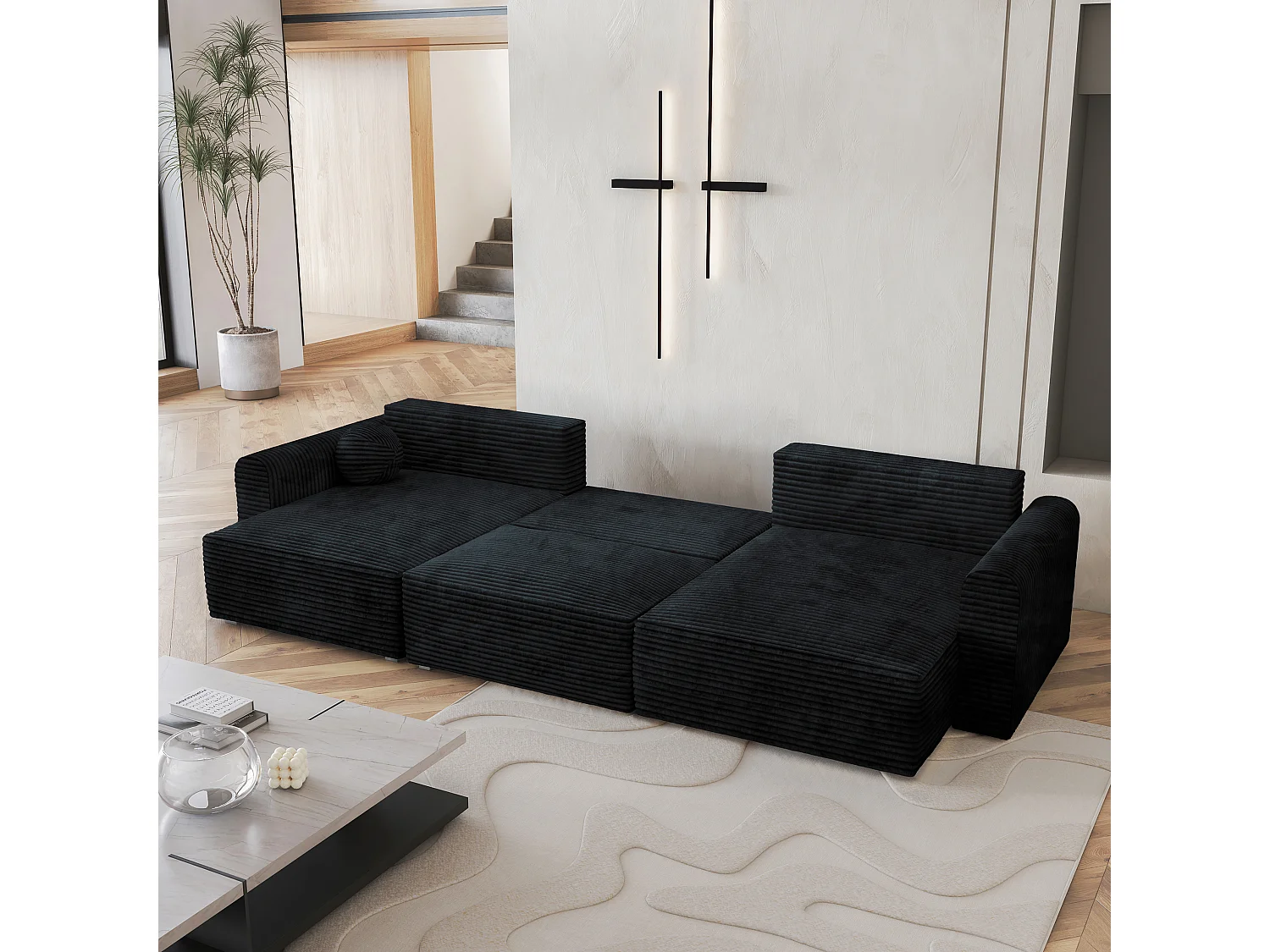 Canapé d'angle FENTO Noir en velours côtelé avec fonction de couchage