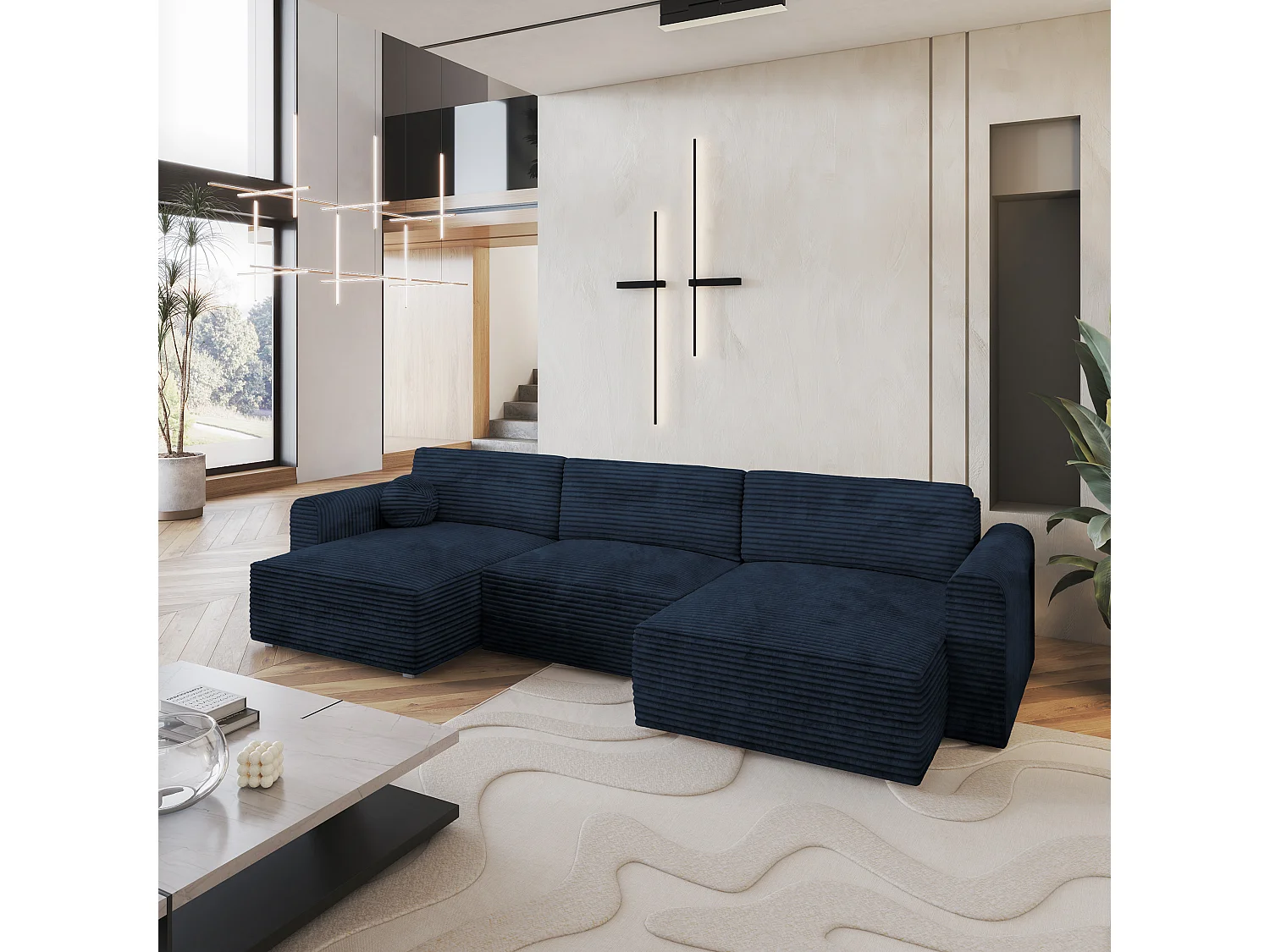 Canapé d'angle FENTO Bleu en velours côtelé avec fonction de couchage