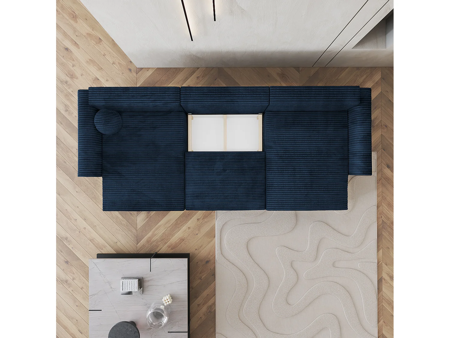 Canapé d'angle FENTO Bleu en velours côtelé avec fonction de couchage