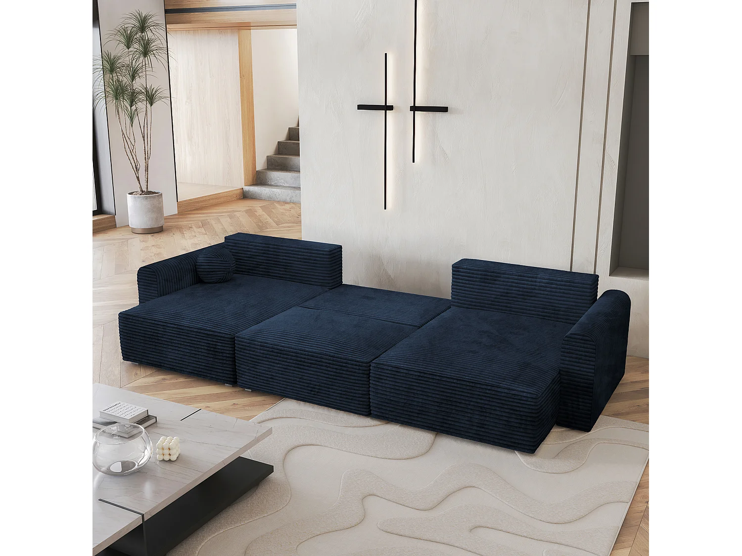 Canapé d'angle FENTO Bleu en velours côtelé avec fonction de couchage