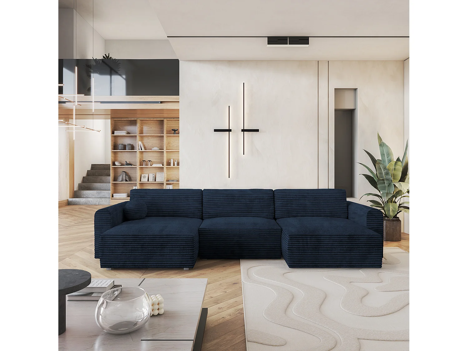 Canapé d'angle FENTO Bleu en velours côtelé avec fonction de couchage