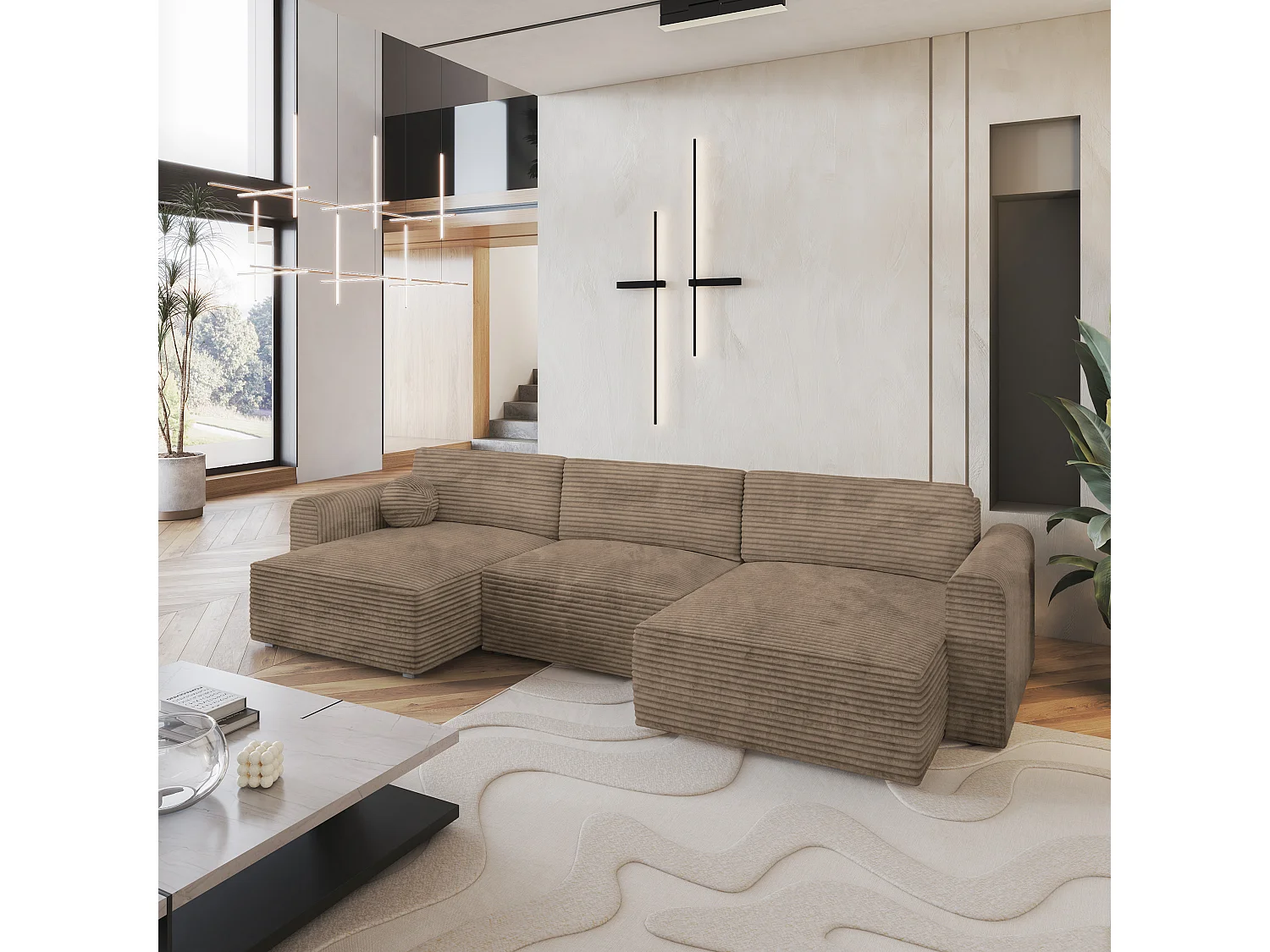 Canapé d'angle FENTO Beige en velours côtelé avec fonction de couchage